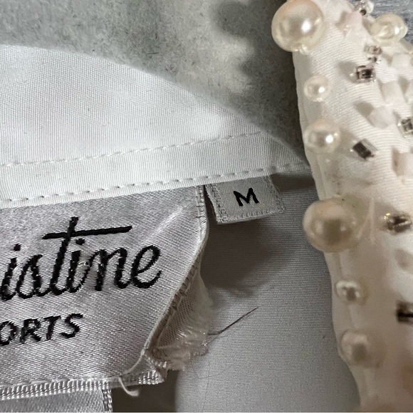 Vintage White Pearl Embellished Collar Sheer Long Sleeve Button Up Size Medium - Picture 15 of 16